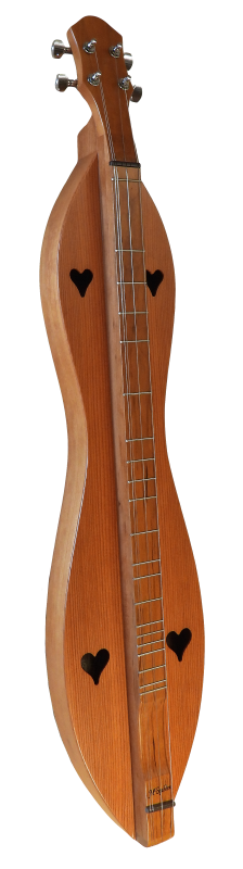 A handcrafted 26" McSpadden dulcimer with four strings, an hourglass shape, and heart-shaped sound holes, featuring a Cherry back and sides with a Redwood top.