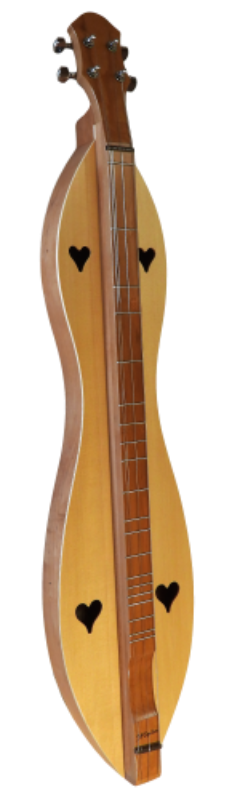 The 4FH26CS is a handcrafted 4-string Appalachian dulcimer with a flathead, hourglass shape, 26" VSL, cherry back and sides, spruce top, and heart-shaped sound holes.