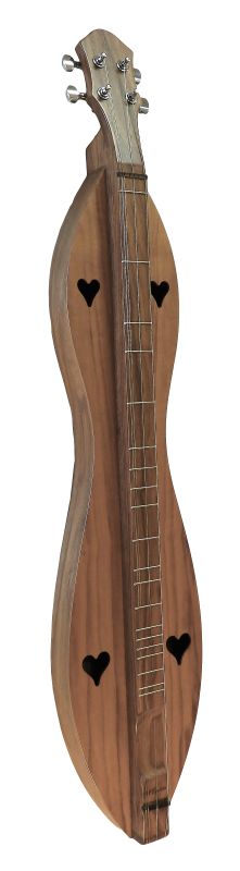 The 4FH26WW is a handcrafted, four-string, flathead hourglass dulcimer with a 26" VSL, featuring walnut back, sides, and top—ideal for beginners and shown from a side angle.