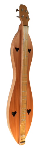 The 4FHCR dulcimer, with heart-shaped sound holes and four strings, viewed from the side, highlights exquisite Appalachian craftsmanship with its Cherry back and sides and Redwood top.