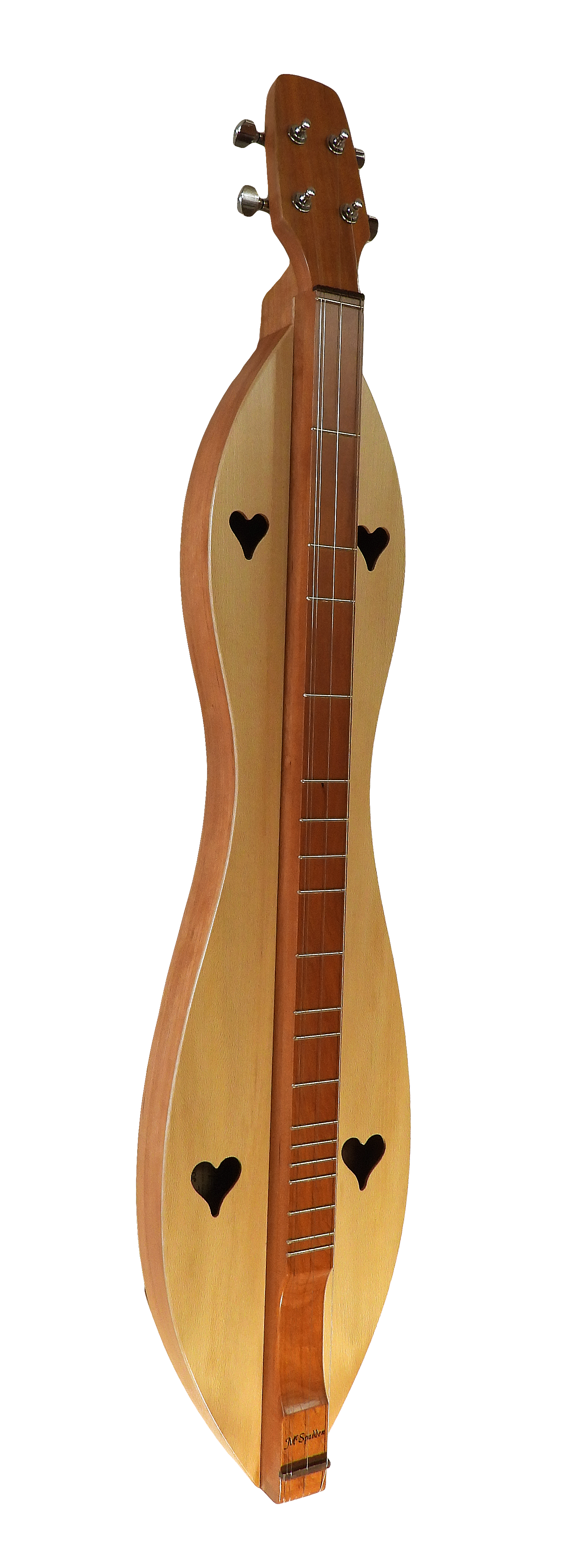 This handcrafted McSpadden dulcimer is a 4 String Baritone model, featuring a flathead hourglass design with cherry back and sides, a sycamore top, and heart-shaped sound holes, embodying the rich tradition of dulcimer craftsmanship.