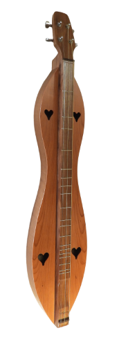 The 4FHWRB is a handcrafted flathead, hourglass-shaped baritone dulcimer with walnut back and sides, redwood top, and heart-shaped sound holes; showcasing expert craftsmanship and backed by a lifetime warranty.