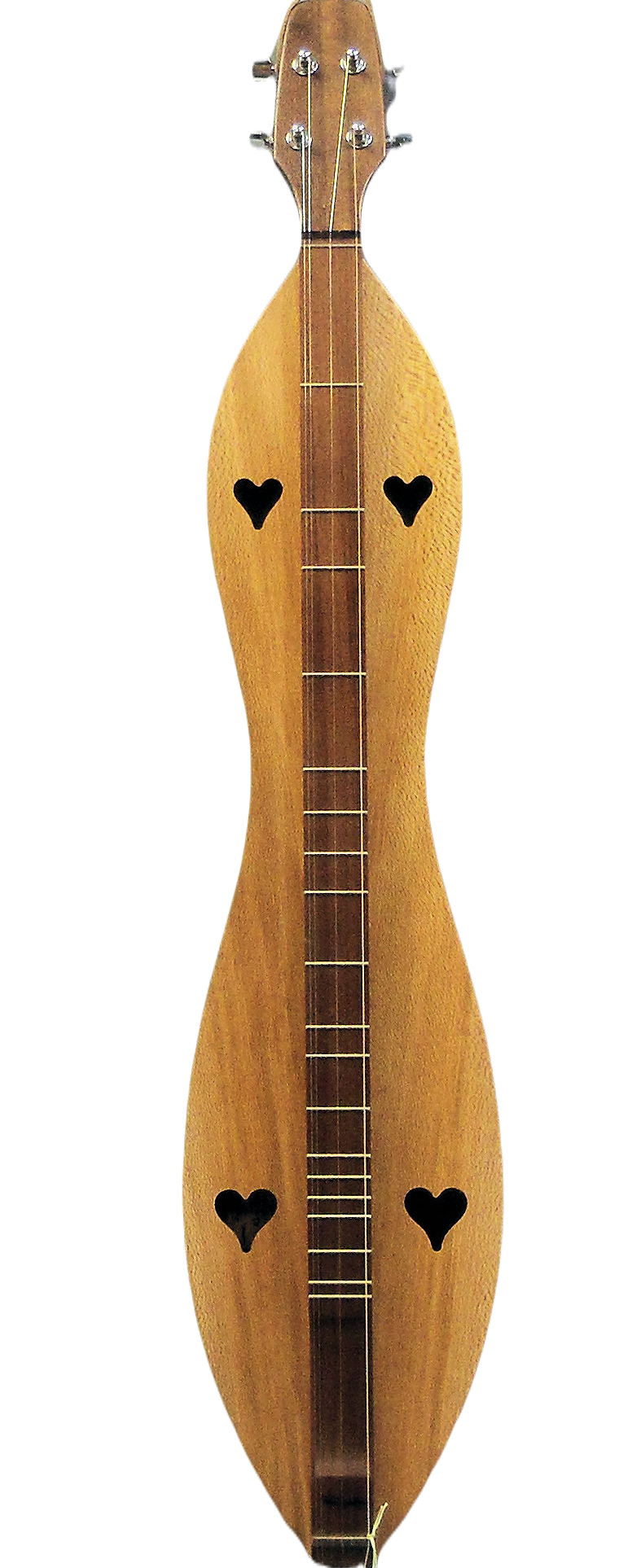 This artisanal 4 String Baritone Dulcimer, model 4FHWSyB, showcases a flathead hourglass design with walnut back and sides and a sycamore top. Featuring heart-shaped sound holes, four strings, and a fingerboard, it is perfect for enthusiasts seeking the rich tones of baritone dulcimers in an elegant design.