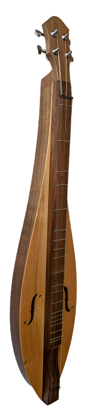 A 4 String 26" Teardrop Dulcimer with walnut back & sides and a cherry top (4FT26WC) leans vertically against a white textured wall.
