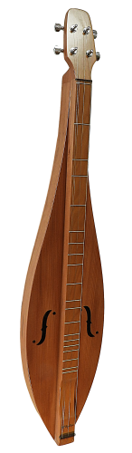 A 4 String, Flathead, Teardrop dulcimer with cherry back and sides and a redwood top (4FTCR) stands upright against a white background.