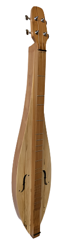 A 4 String Flathead Teardrop dulcimer (model 4FTCSY) with cherry back/sides, sycamore top, and upgraded Micarta fretboard is photographed on a textured white background—an ideal choice for beginner players.