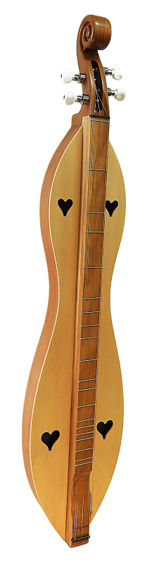 The 4SHCS dulcimer features a scroll head, hourglass shape, cherry back and sides, spruce top, and heart-shaped sound holes with tuning pegs, displayed against a plain background.