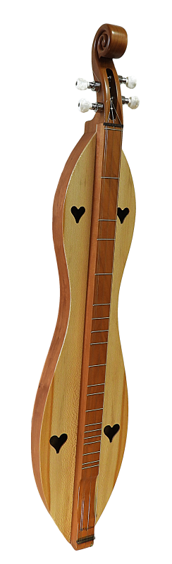 A handcrafted McSpadden 4-string dulcimer with an hourglass shape, scroll head, cherry back and sides, and a quarter sawn or spalted sycamore top is beautifully displayed against a white background.
