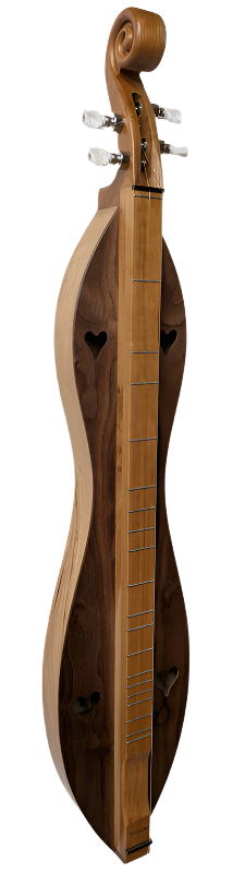 A 4-string hourglass dulcimer (4SHCW) with a scroll head, cherry back and sides, and walnut top is showcased vertically against a textured white background.