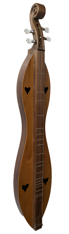 The 4 String, Scroll head, Hourglass dulcimer features a walnut back and sides with a cherry top—perfect for beginners and beautifully photographed against a textured white background.