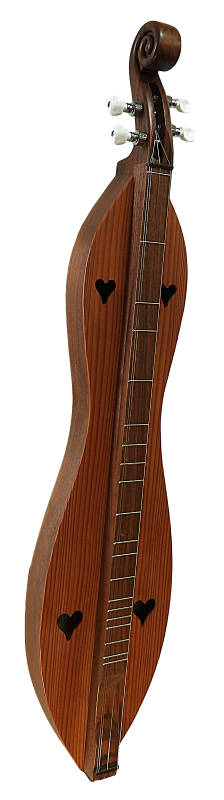 Experience exceptional quality with the 4 String, Scroll head, Hourglass dulcimer (4SHWR), featuring heart-shaped sound holes, a walnut back and sides, a redwood top, four tuning pegs, and a fretted fingerboard. Enjoy peace of mind with our lifetime warranty.