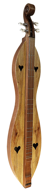 This handcrafted wooden string instrument resembles a McSpadden dulcimer, featuring a scroll headstock and heart-shaped sound holes. The 4SHWSY-B model has an hourglass shape, Walnut back and sides, a Spalted or Quartersawn Sycamore top, tapered body, and several frets for its unique design.