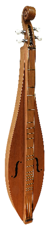 The 4STCR dulcimer features a scroll head, four strings, teardrop shape, cherry back and sides, redwood top, fretted fingerboard, and f-shaped sound holes—perfect for beginners or experienced players seeking quality.