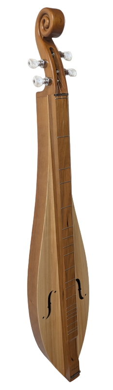 The 4STCSy dulcimer features 4 strings, a scroll head, teardrop shape, cherry back and sides, and a sycamore top—an ideal choice for beginner dulcimer players.