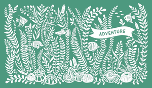 This Family of Ours" features a white, hand-drawn underwater scene—plants, fish, shells—on a green background with an “ADVENTURE” banner; ideal for family memory books or as unique grandparent gifts.