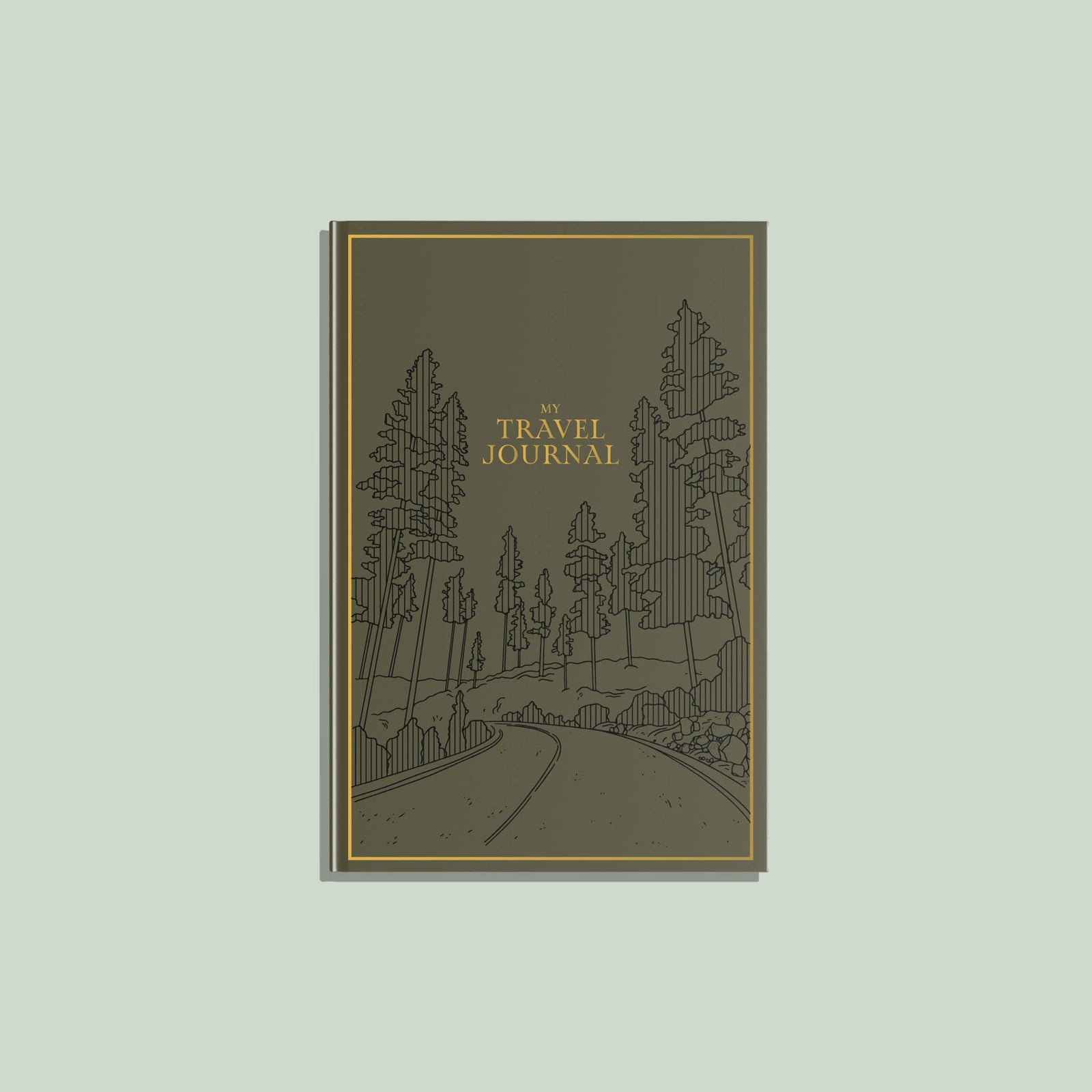The My Travel Journal features an illustrated cover with a road and trees, gold title lettering, and a dark green background—an ideal travel keepsake for your adventures.