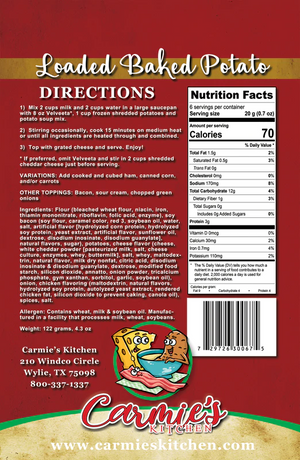 The back of the Loaded Baked Potato Soup Mix label has a cheesy and creamy taste.