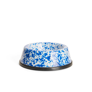 The Splatter Enamelware Small Pet Bowl features a blue and white speckled design with a black rubber base, shown on a white background.
