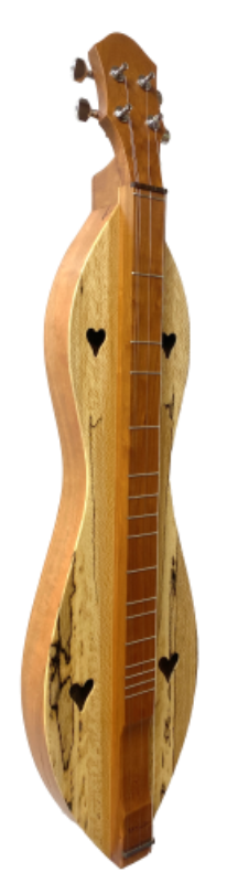 The 4 String Ginger (4FGCSY) from McSpadden features heart-shaped sound holes, cherry back and sides, and a choice of spalted or quartersawn sycamore top. This beautifully crafted flathead hourglass dulcimer comes with a lifetime warranty for lasting musical enjoyment.