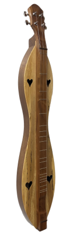 Handcrafted McSpadden 26" 4-string dulcimer, featuring a flathead hourglass shape with walnut back and sides, spalted sycamore top, and heart-shaped sound holes. Displayed upright with an optional upgraded ebony fretboard.