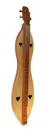 A handcrafted dulcimer with heart-shaped sound holes, featuring a long neck, reminiscent of a traditional McSpadden, with four strings and an hourglass shape. It has a cherry back and sides with a sycamore top.