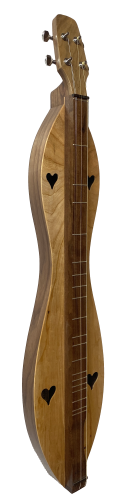 The 4FHWCB, a 4-string baritone dulcimer with an hourglass shape, walnut back and sides, and cherry top, features heart-shaped sound holes. Its handcrafted design offers visual allure and comes with a Lifetime Warranty.
