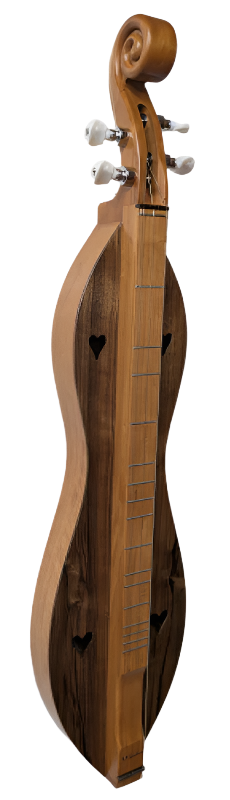 A 4 String Ginger Scrollhead Hourglass dulcimer (4SGCW) with cherry back and sides, walnut top, and heart-shaped sound holes is shown against a white textured background.
