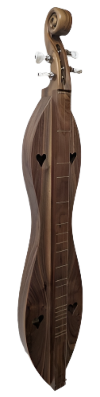 The 4SHWW, a 4-string dulcimer with an hourglass shape and scroll head, features a walnut body and heart-shaped sound holes, offering lasting quality and craftsmanship akin to a McSpadden dulcimer.