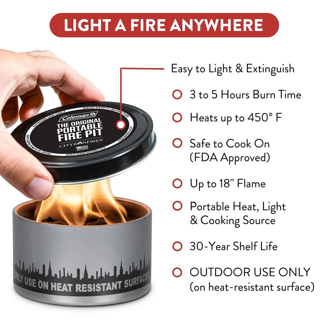 A hand removing the lid from a Mini Portable Fire Pits - City Bonfires® canister, featuring an eco-friendly bonfire list with product icons displaying flames within the canister.