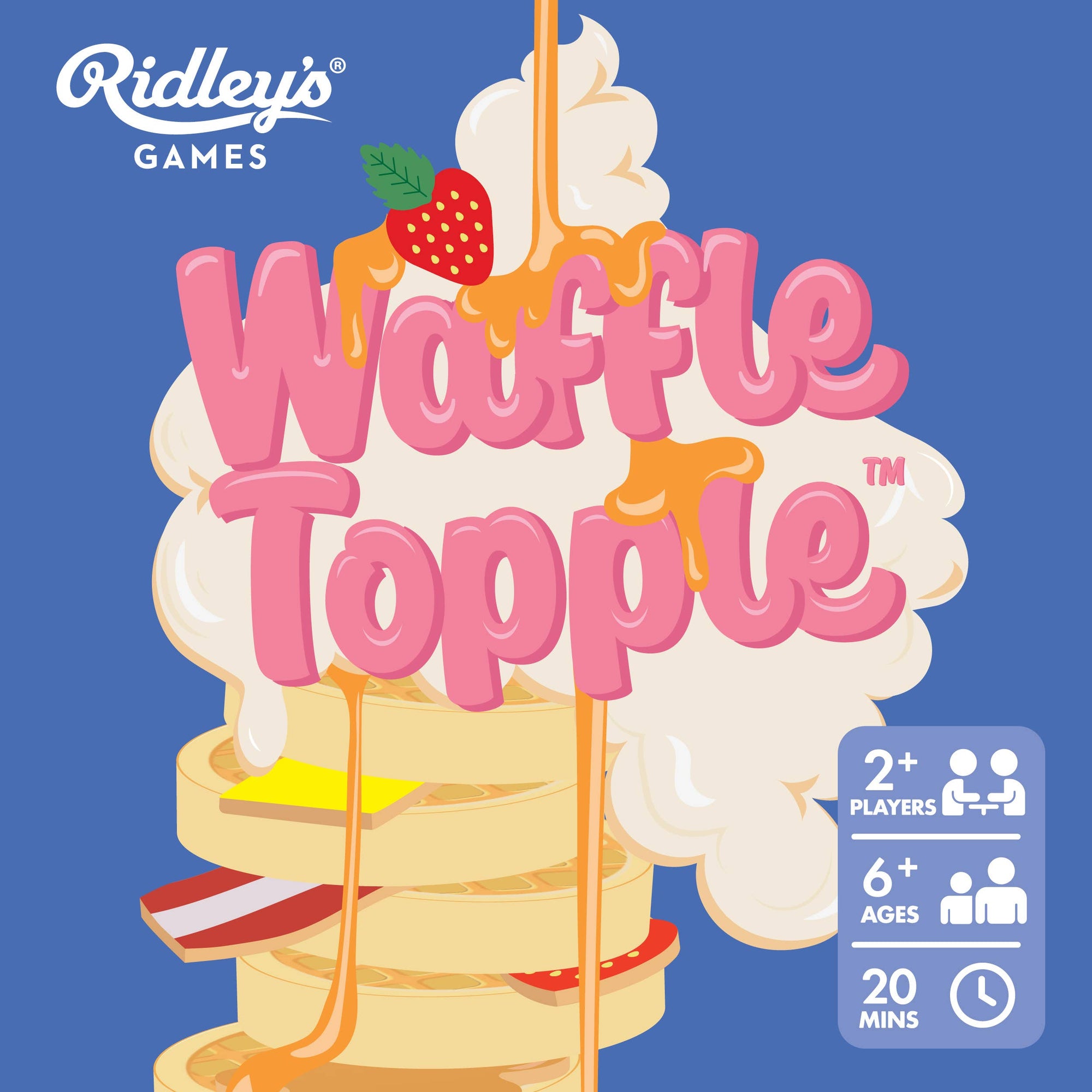 A box of Waffle Topple that challenges steady hands with waffles and topping pieces.