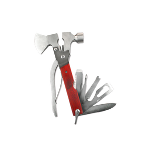 Axe Multi-Tool with various implements such as a hammer, pliers, knife, and saw blades, all made of stainless steel with a red handle, isolated on a white background.