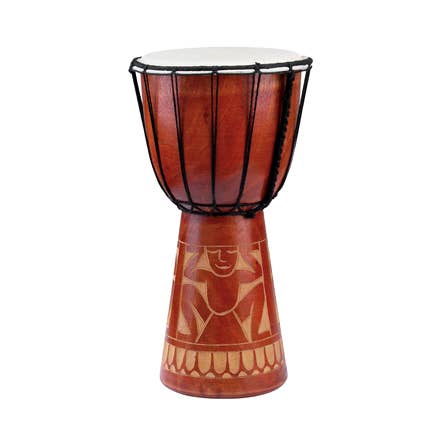 A Small Djembe Mahogany from Benjamin International, featuring black rope tuning, a white drumhead, and engraved patterns on the mahogany body to honor traditional djembe drums.