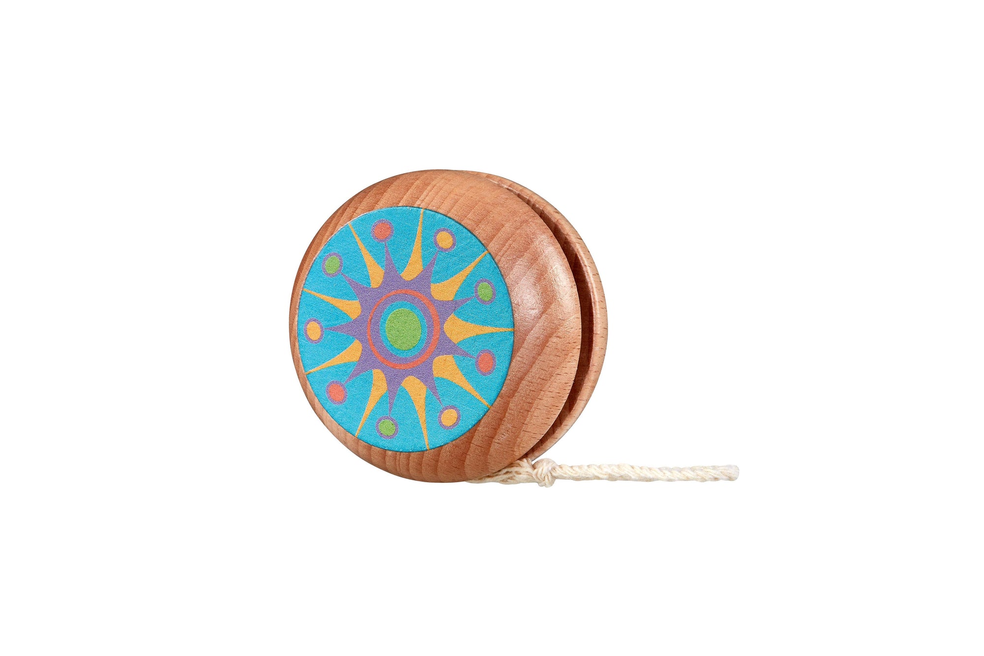 Sentence with replaced product name: Neato! Wood Yo-Yo with a colorful geometric pattern on the side, isolated on a white background.