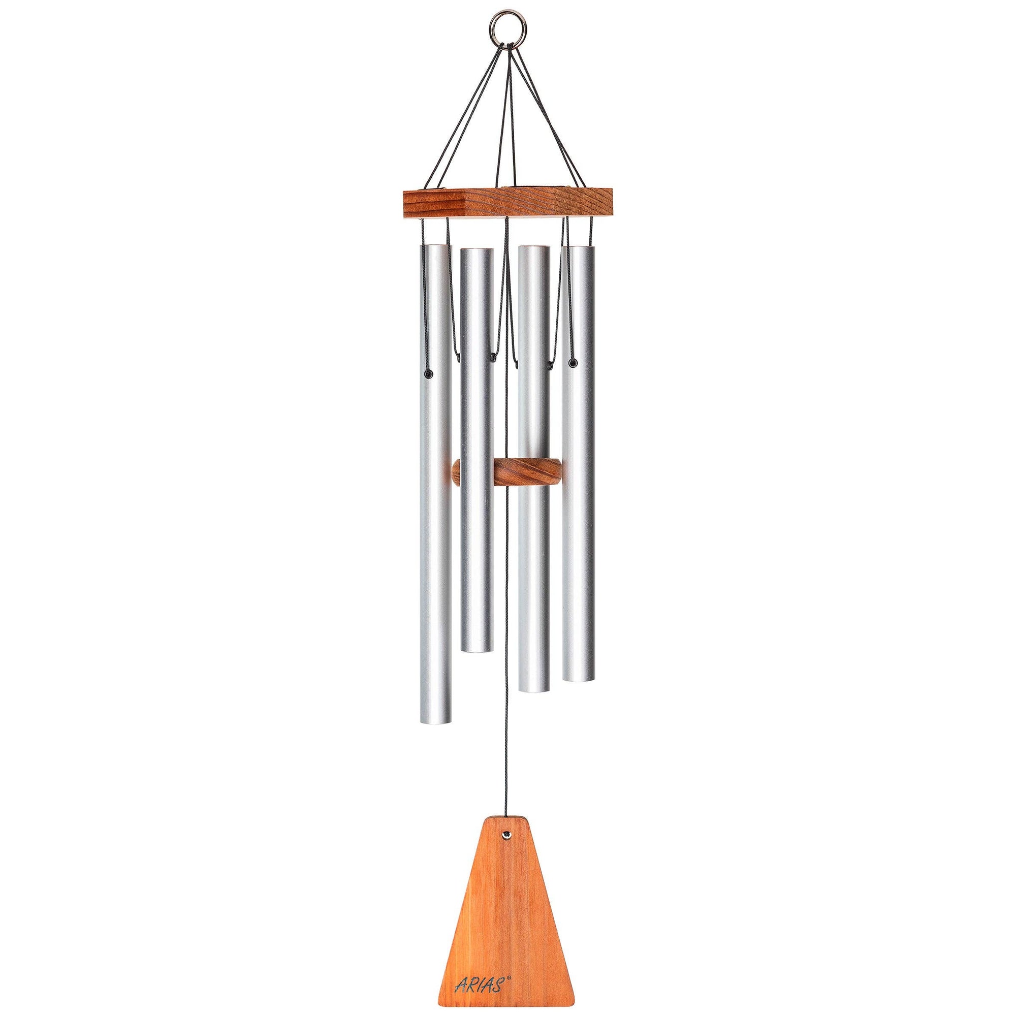 The Arias® 27-inch Windchime in Satin Silver, featuring four silver tubes, a wooden horizontal mount, and a triangular wooden clapper hanging below, produces calming tones that capture the tranquility of nature.