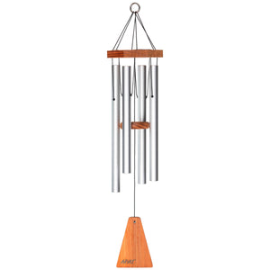 The Arias® 27-inch Windchime in Satin Silver features four cylindrical metal tubes suspended from a wooden piece, with a wooden clapper and wind catcher hanging by cords. Embrace its rustic design and let the calming tones bring tranquility to your outdoor space.