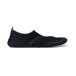 Men's Classic Fitkicks, a minimalist black slip-on shoe with an elastic strap, crafted from water-friendly quick-dry sport fabric, displayed against a white background.