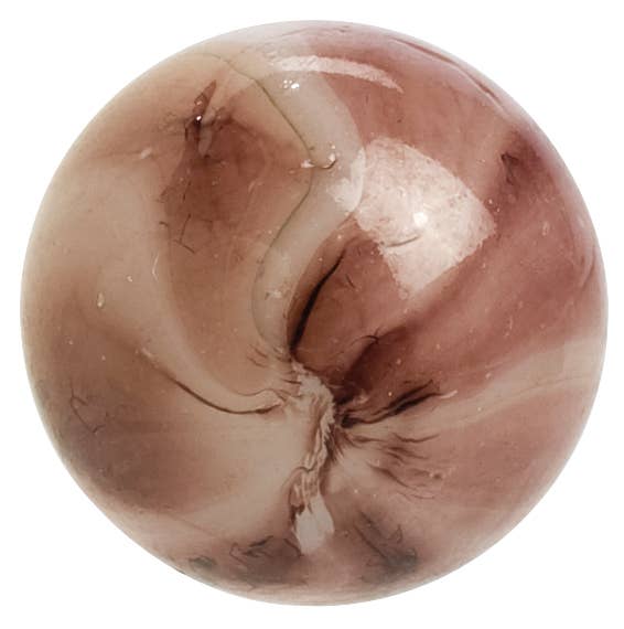 A polished, round glass Neato! Marbles In A Tin Box with swirling tan and white patterns, showing some natural cracks and imperfections.