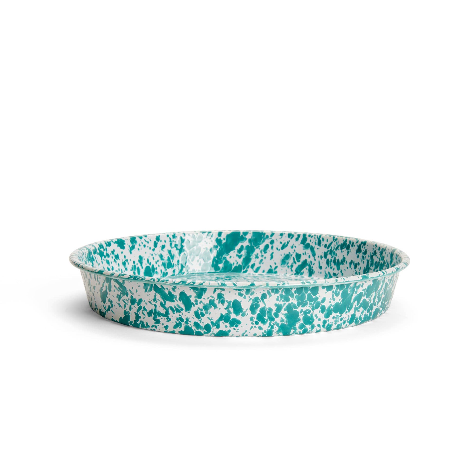 A shallow, round Splatter Enamelware Cocktail Tray/Deep Dish Pizza Pan in teal and white speckled design, featuring a smooth, flat base and slightly curved sides.