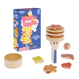 A stack of waffles and a Waffle Topple, perfect for a stacking game that requires steady hands.