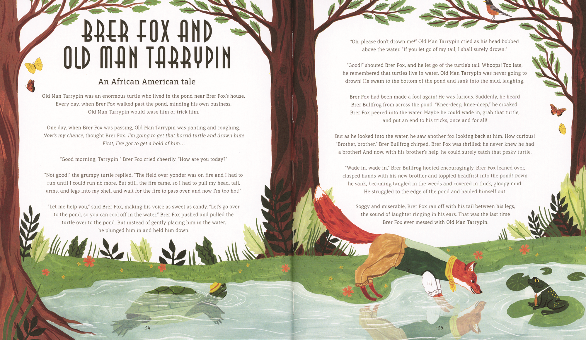 An illustration from "Folk Stories and Tall Tales" shows Brer Fox leaning over a riverbank while Old Man Tarrypin is underwater. The accompanying text narrates a conversation between the characters, set amidst a lush forest with vibrant greenery and towering trees, celebrating North American stories and cultural heritage.