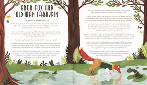 An illustration from "Folk Stories and Tall Tales" shows Brer Fox leaning over a riverbank while Old Man Tarrypin is underwater. The accompanying text narrates a conversation between the characters, set amidst a lush forest with vibrant greenery and towering trees, celebrating North American stories and cultural heritage.