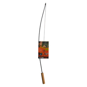 The Fire Fishing Pole is a black cat toy designed like a fishing rod, featuring a wooden handle and center packaging with product info and a cat image, closely resembling a fishing pole roasting stick.