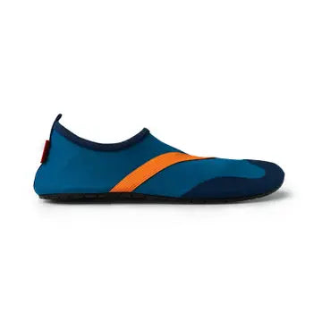 Sentence with product name: A blue and orange minimalist Men's Classic Fitkicks running shoe on a white background.