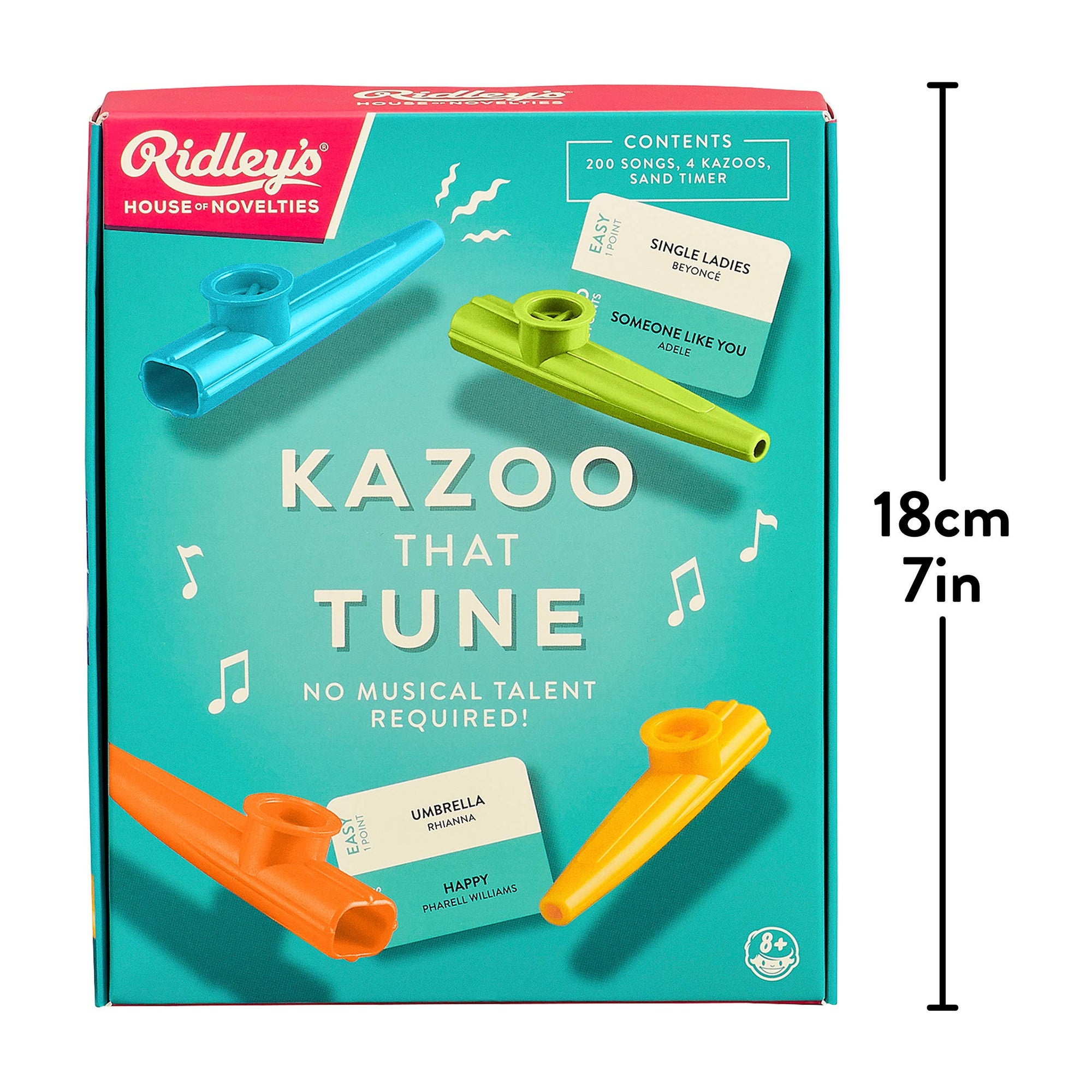 A box with a blue and yellow box containing a Kazoo That Tune.