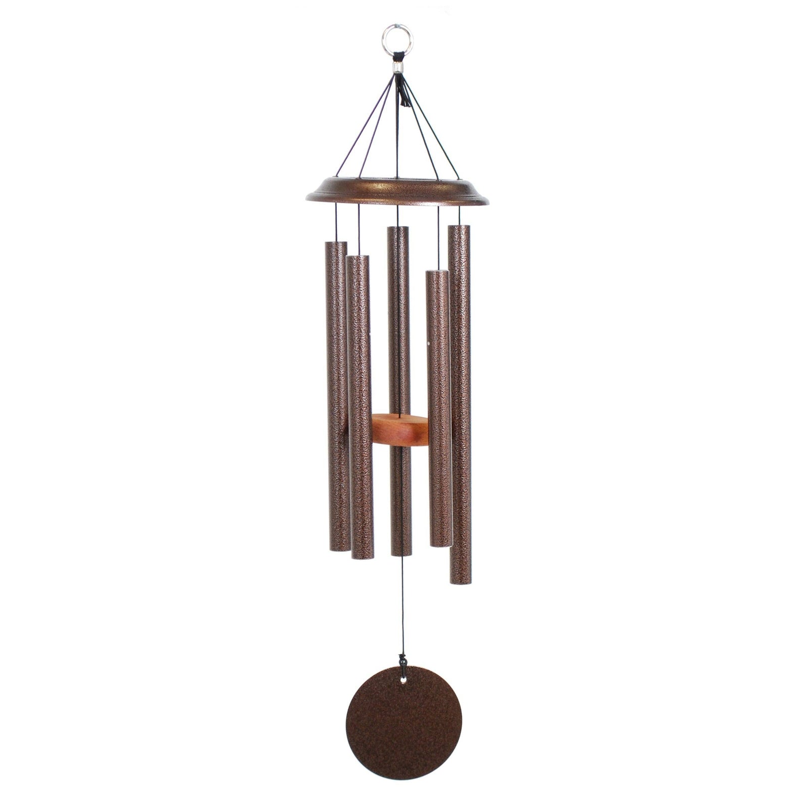 The Shenandoah Melodies® 29-inch Windchime, ideal for small patios, has six metal tubes and a wooden clapper. Its lightweight design includes a circular wind catcher hanging from a metal top loop, producing soothing tones to enhance any outdoor area.