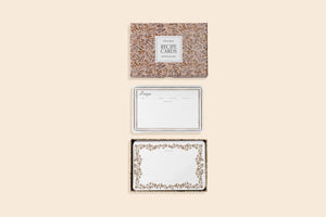 The Recipe Cards 4x6 box set features a brown leaf pattern, with one card displayed outside and the rest inside—a delightful kitchen addition and perfect gift for any hostess.