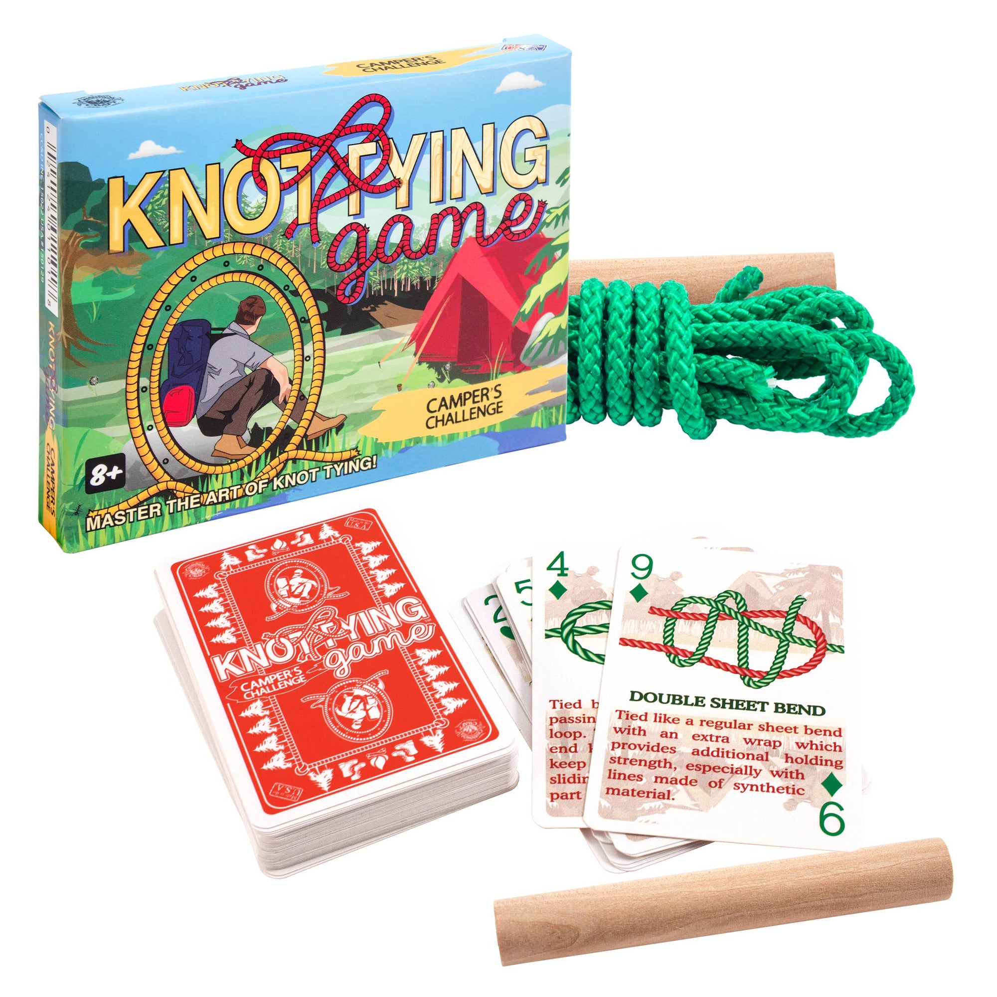 Knot Tying Kit - Camper's Edition featuring cards, a green rope, and a wooden dowel on a white background, ideal for camping.