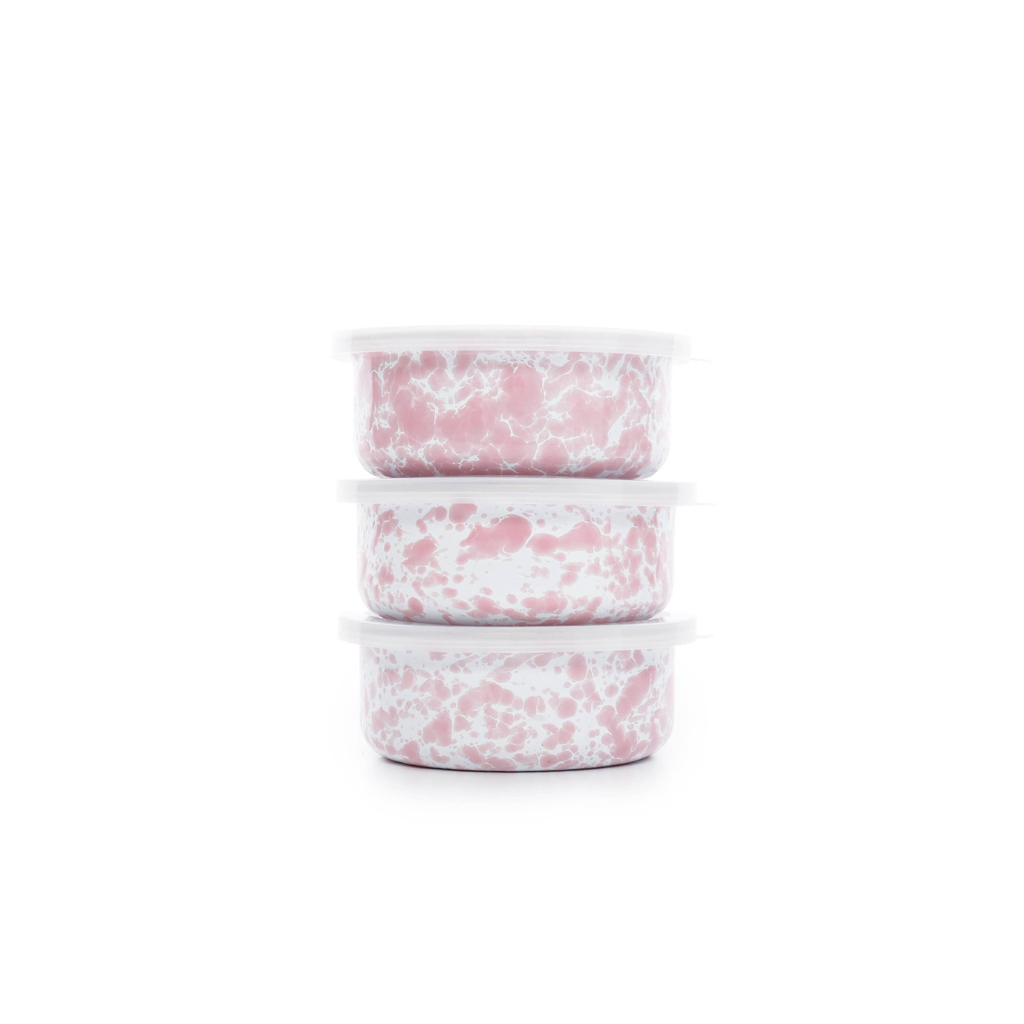 Three pink and white marbled Splatter Enamelware storage bowls with white lids, each 14oz, are stacked on top of each other against a white background.