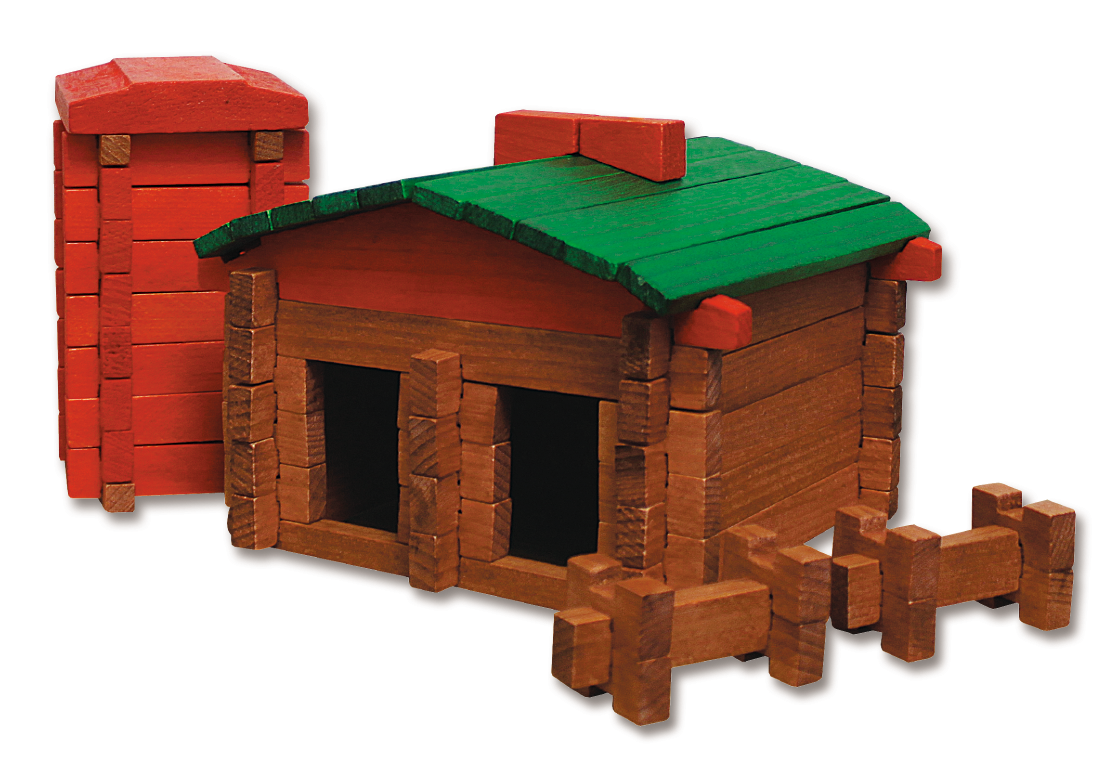 A Roy Toy Farm Canvas Bag made of interlocking wooden pieces, featuring a green roof, a red chimney, and a red tower-like structure on the side. Perfect for creative play and educational development, it includes a small wooden fence in front.