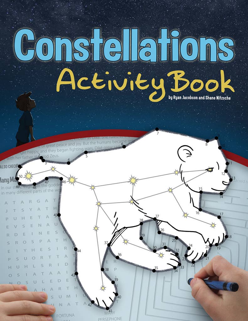 Cover of "Constellations Activity Book" featuring a child engaged in stargazing at a starry sky with a constellation in the shape of a bear above a crossword puzzle.